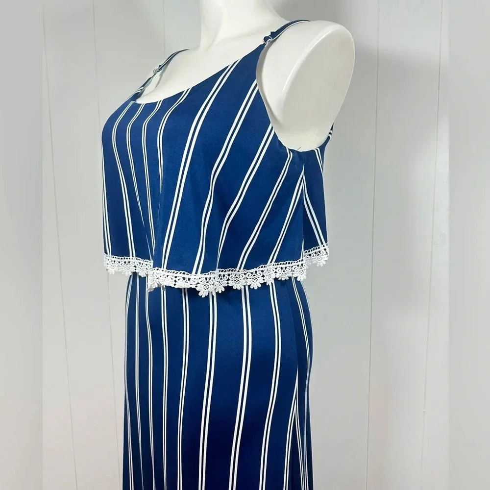 NEW Rouge Collection 1X Navy Striped Stretch Lightweight Maxi Dress Ruffle Front - Picture 4 of 13